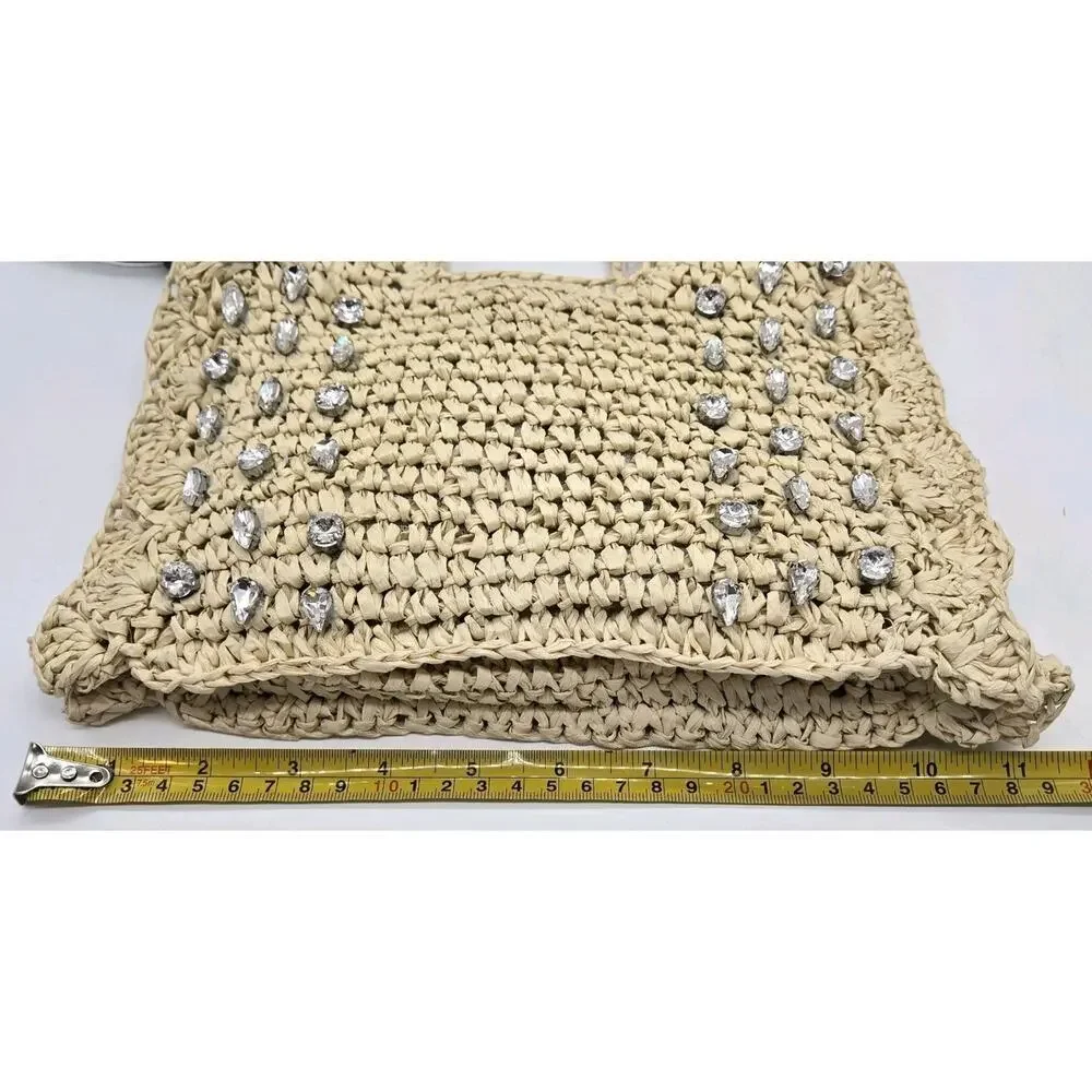 NWT BTB Los Angeles Straw Bag Crystal Embellished Crossbody Boho Shabby Chic Cot - Picture 4 of 10